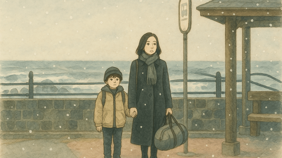 バス停に立つ母子